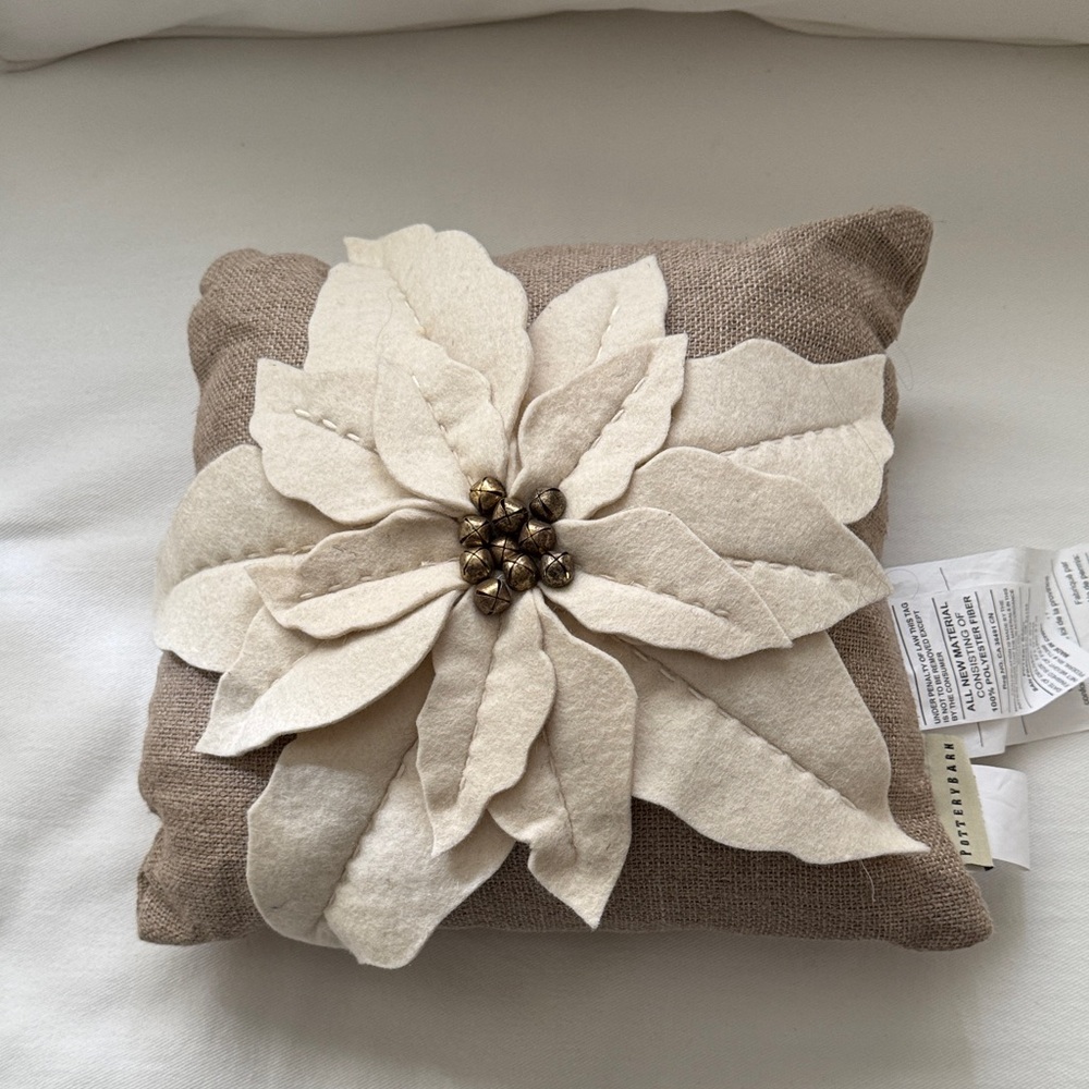 Pottery Barn Beige and Cream Poinsettia Holiday Pillow 12” Square Center Bells